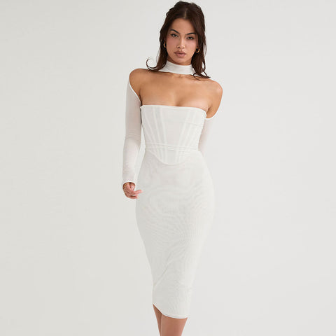 Vestido midi de cóctel ajustado de malla con mangas largas y aberturas - Blanco