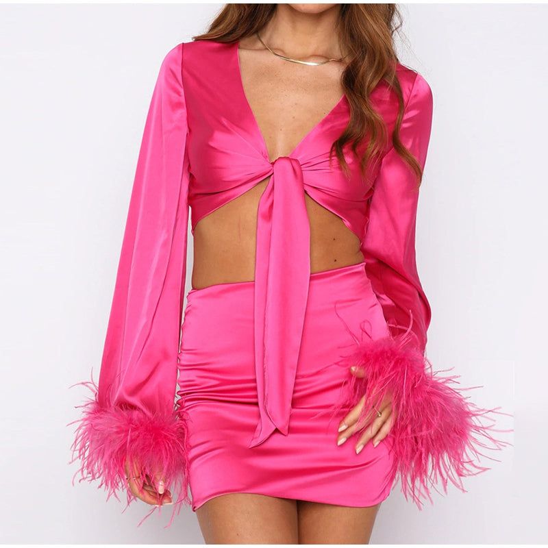 Rose Lotus Feather Sleeve Satin Two-Piece Set