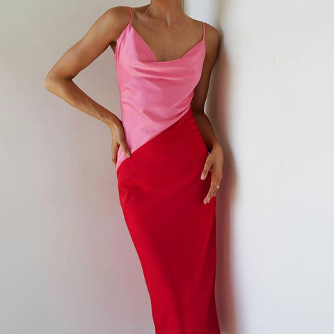 Strawberry Fields Diagonal Panel Satin Midi Dress