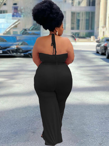 Solid Color Ruffled Tie Halter Jumpsuit