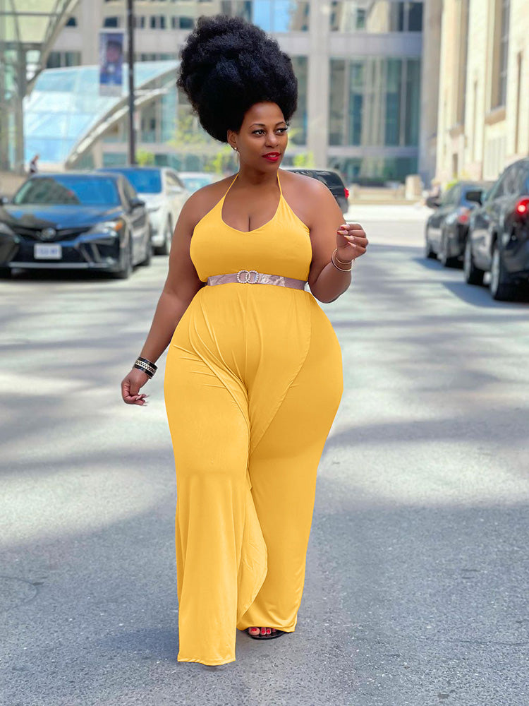 Solid Color Ruffled Tie Halter Jumpsuit