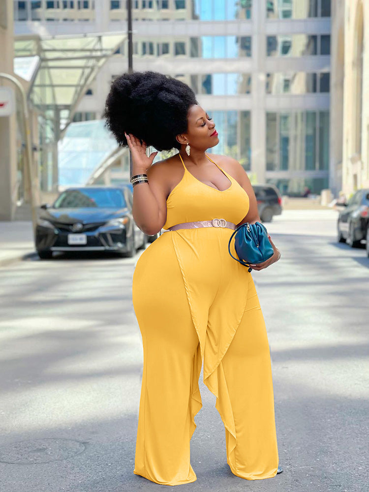 Solid Color Ruffled Tie Halter Jumpsuit