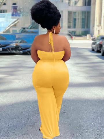 Solid Color Ruffled Tie Halter Jumpsuit