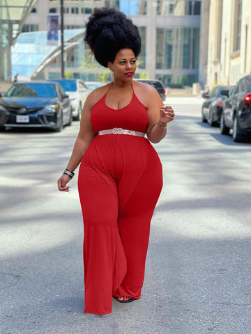 Solid Color Ruffled Tie Halter Jumpsuit