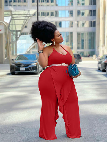 Solid Color Ruffled Tie Halter Jumpsuit