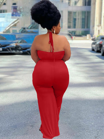 Solid Color Ruffled Tie Halter Jumpsuit