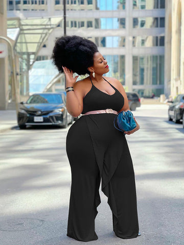 Solid Color Ruffled Tie Halter Jumpsuit