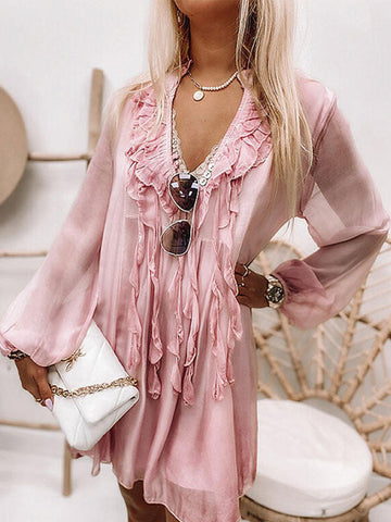 V Neck Long Sleeve Ruffle Midi Dress