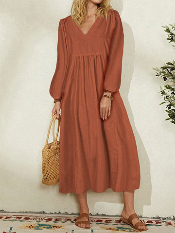 V Neck Lantern Sleeve Maxi Dress