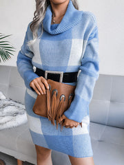 Turtleneck Long Sleeve Checkered Knit Midi Dress