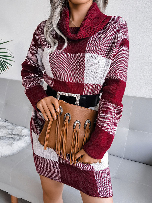 Turtleneck Long Sleeve Checkered Knit Midi Dress