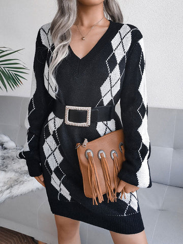 Argyle Long Sleeve Knit Midi Dress