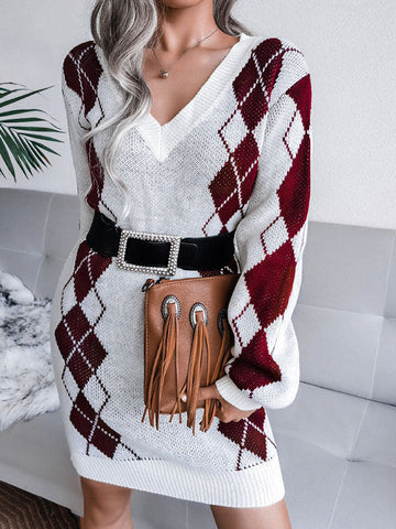 Argyle Long Sleeve Knit Midi Dress