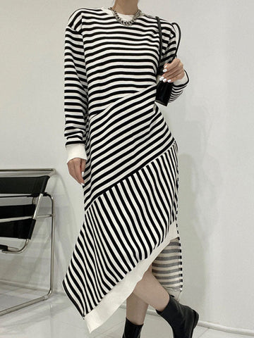 Irregular Split Long Sleeve Striped Maxi Dress