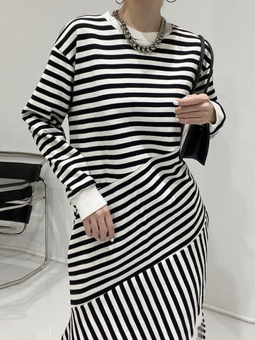 Irregular Split Long Sleeve Striped Maxi Dress