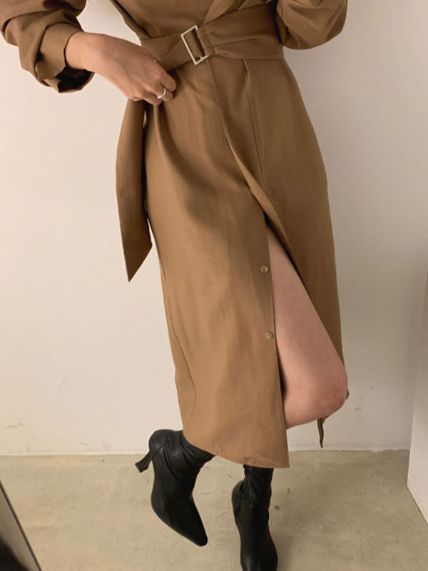 Belted Long Sleeve Shirt Midi Dress