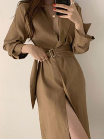 Belted Long Sleeve Shirt Midi Dress