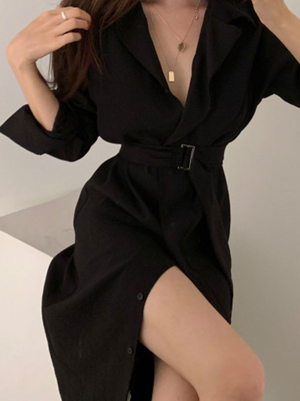 Belted Long Sleeve Shirt Midi Dress