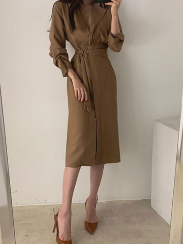 Belted Long Sleeve Shirt Midi Dress