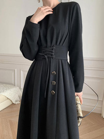 Buttoned Long Sleeve Corset Midi Dress