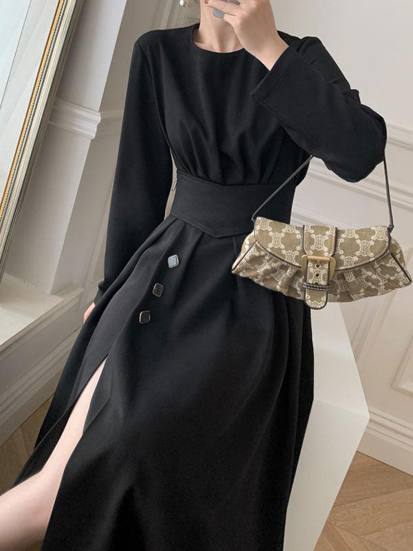 Buttoned Long Sleeve Corset Midi Dress