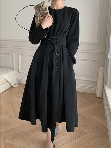 Buttoned Long Sleeve Corset Midi Dress