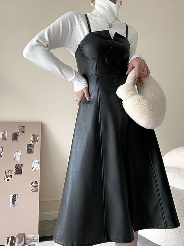 Spliced Pu Leather Slip Midi Dress