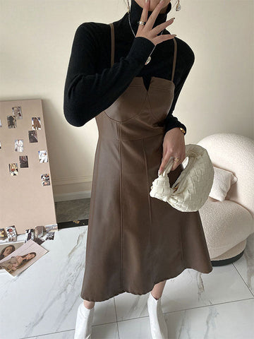 Spliced Pu Leather Slip Midi Dress