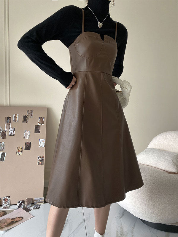 Spliced Pu Leather Slip Midi Dress