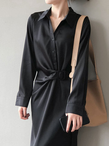 Satin Belted Long Sleeve Shirt Midi Dress