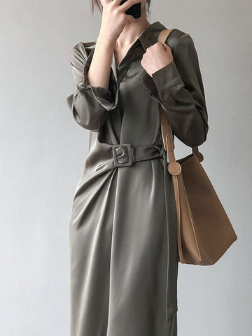 Satin Belted Long Sleeve Shirt Midi Dress