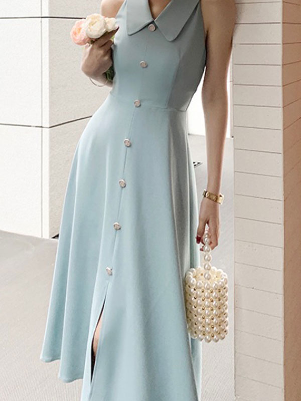 Sleeveless Polo Neck Buttoned Maxi Dress
