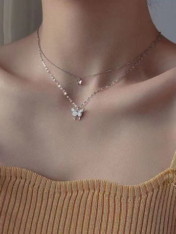 Rhinestone Butterfly Pendant Double Layered Necklace