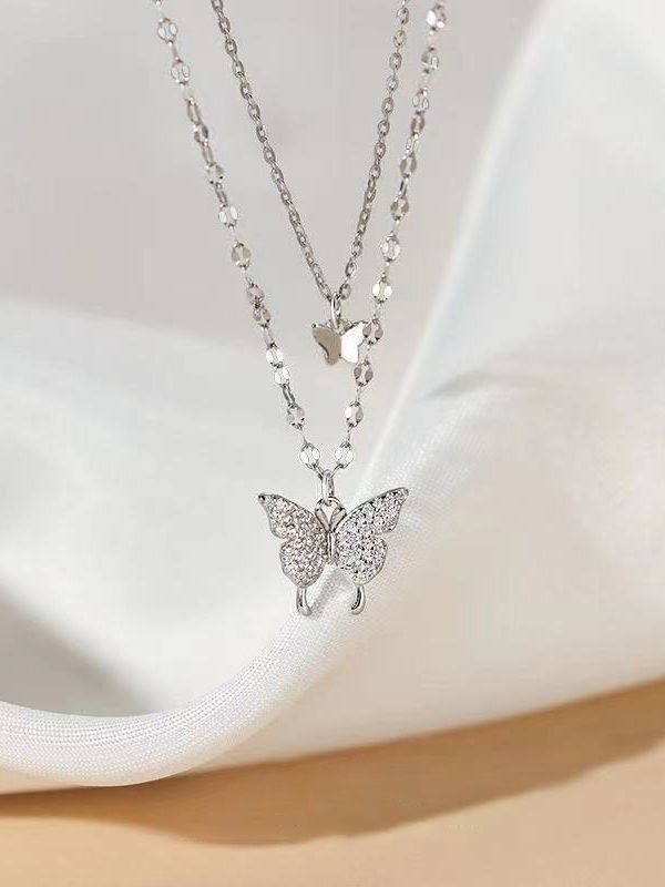 Rhinestone Butterfly Pendant Double Layered Necklace