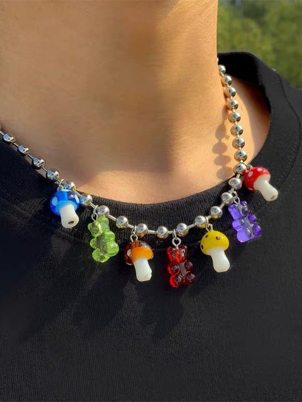 Men's Colored Mushroom Bear Pendant Necklace