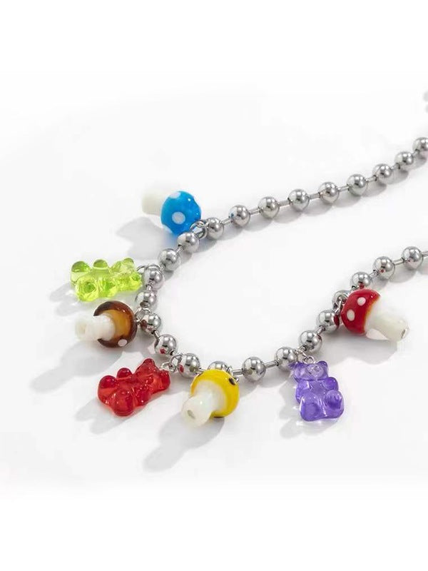 Men's Colored Mushroom Bear Pendant Necklace