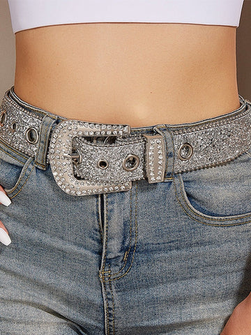 Rhinestone Embellished Sequin Buckle Belt