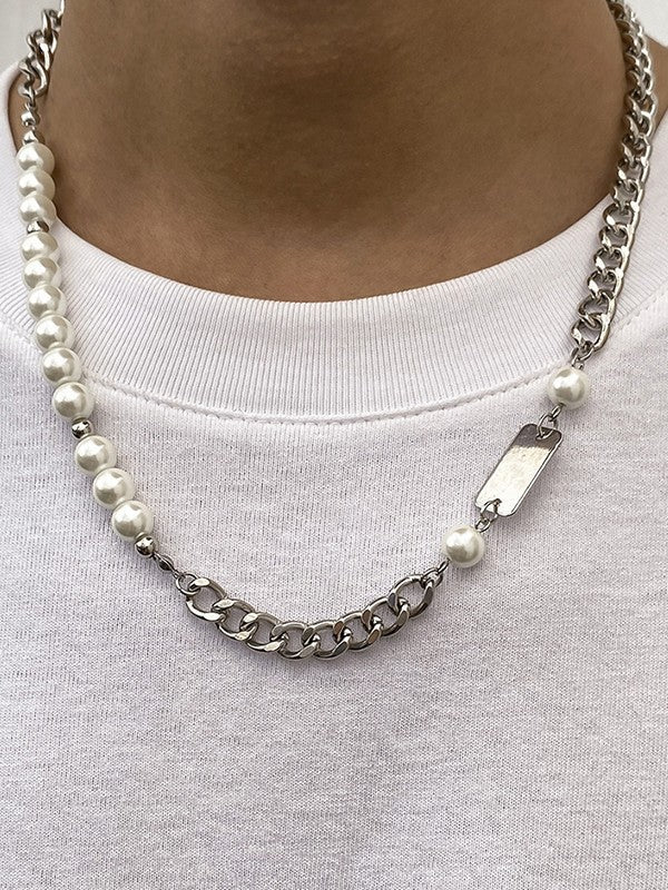 Men's Tag Faux Pearl Chain Necklace