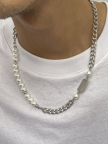 Men's Tag Faux Pearl Chain Necklace