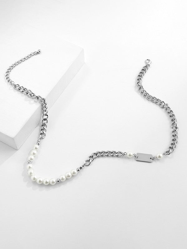 Men's Tag Faux Pearl Chain Necklace