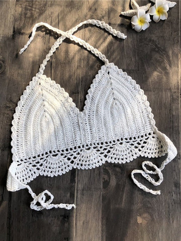 Top de bikini de crochet con cuello halter de color liso