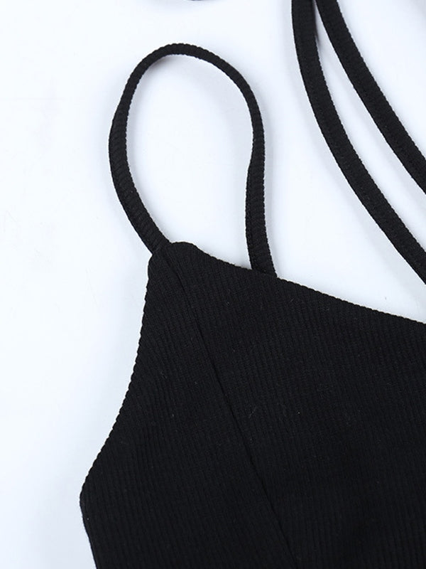 Asymmetric Ribbed Halter Crop Cami Top