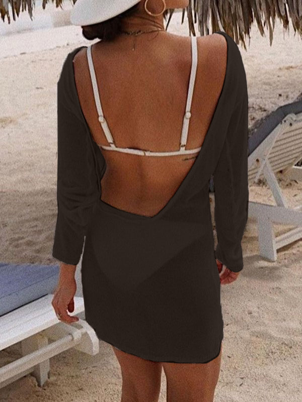 White Backless Long Sleeve Cover Up Dress