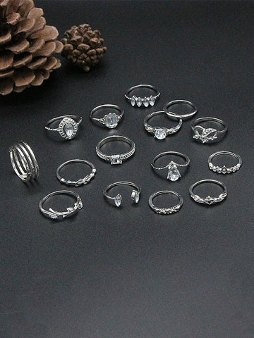 15-teiliges Silberring-Set mit Strass