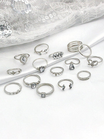 15-teiliges Silberring-Set mit Strass