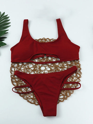 Einfarbiges, geripptes Bikini-Set mit Cut-outs