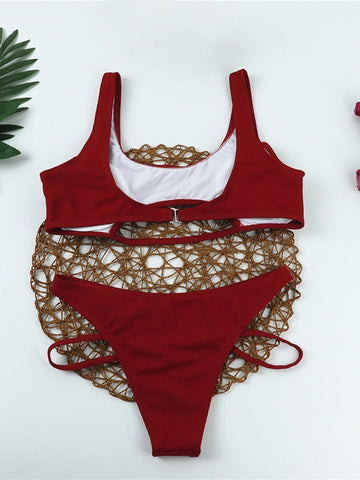 Einfarbiges, geripptes Bikini-Set mit Cut-outs