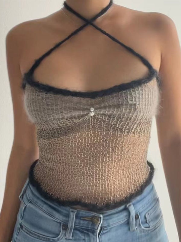Lace Up Knitted Crop Cami Top
