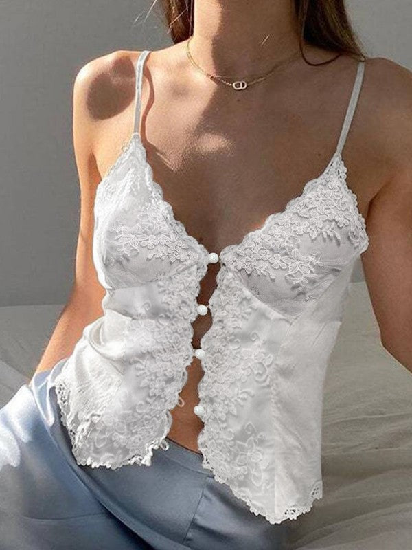 Kurzes Cami-Top aus Spitze mit Knopfleiste