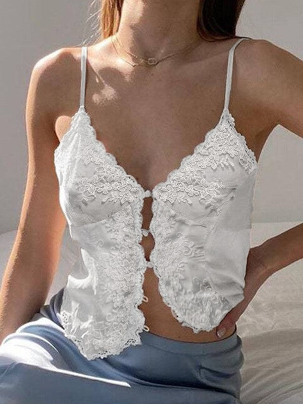 Kurzes Cami-Top aus Spitze mit Knopfleiste